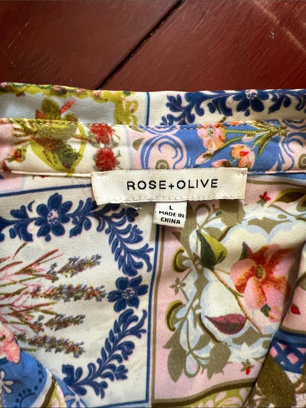 Rose & Olive Floral Patchwork Button-Down Shirt - Blue/Cream/Green-size L - Picture 2 of 10